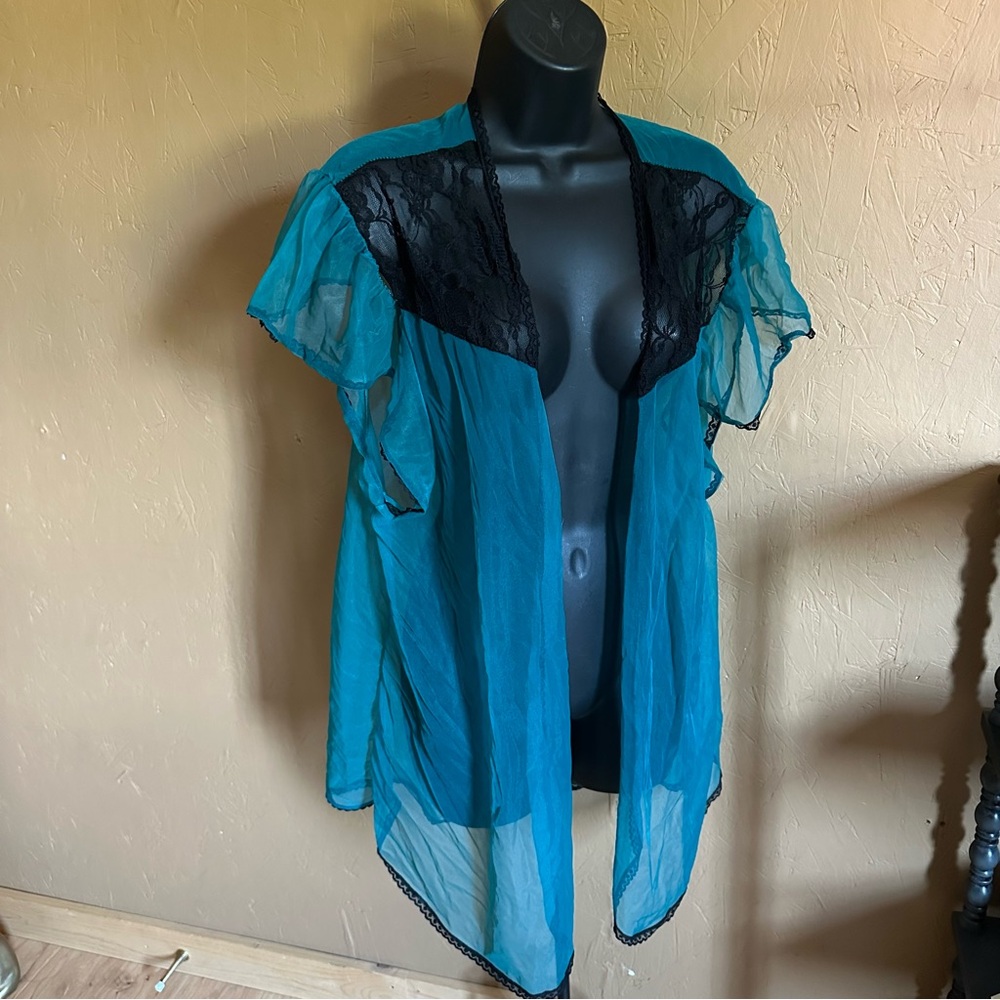 Sheer Teal and Black Lace Vintage Lingerie Made in USA